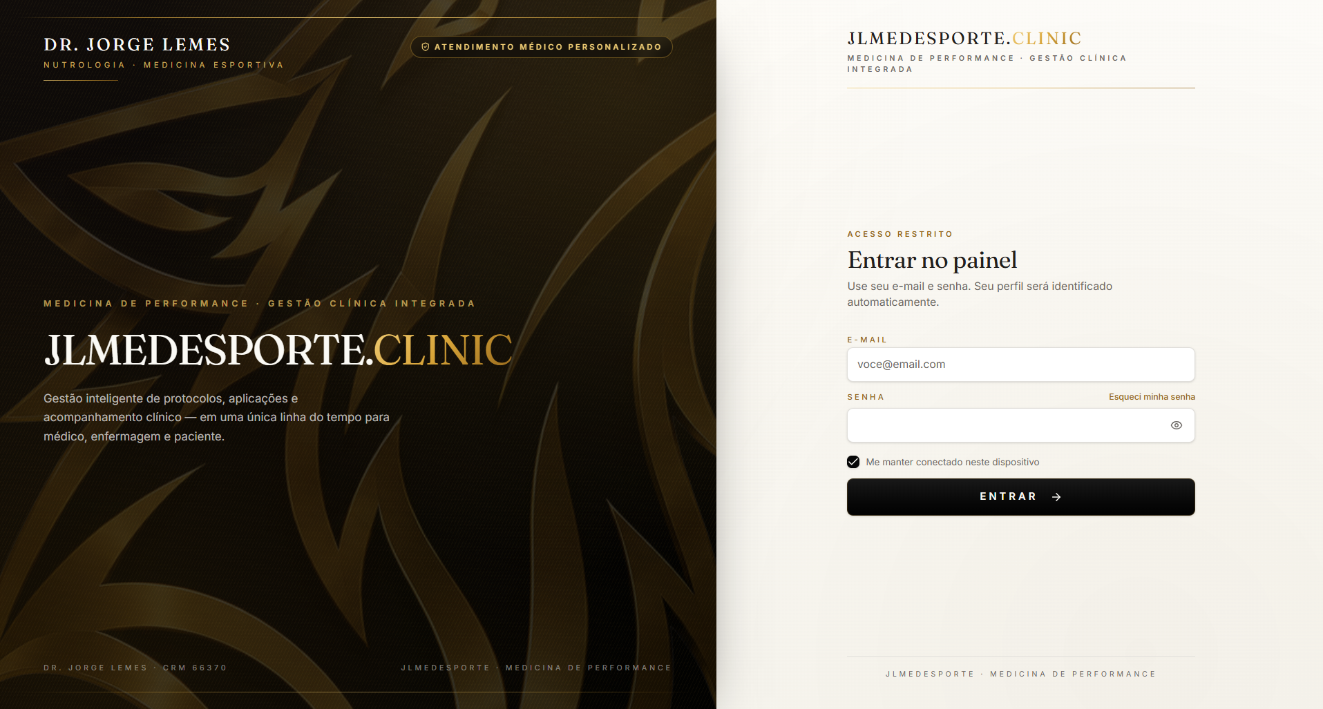 Logo oficial do JLMEDESPORTE.CLINIC — Medicina de Performance, ao lado da tela de acesso restrito ao painel.