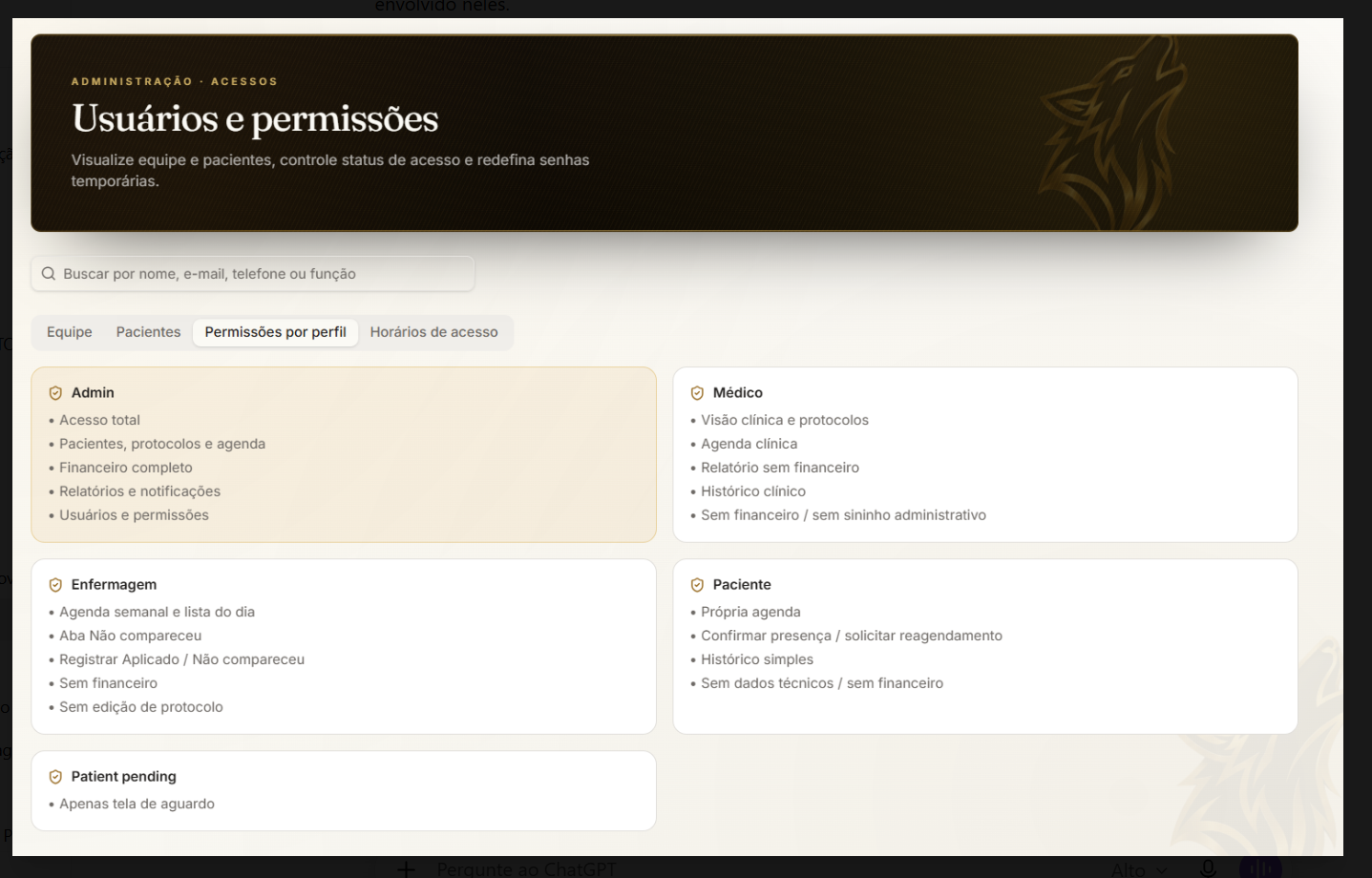 Tela do JLMEDESPORTE com organização de usuários e permissões por perfil (Admin, Médico, Enfermagem, Paciente).